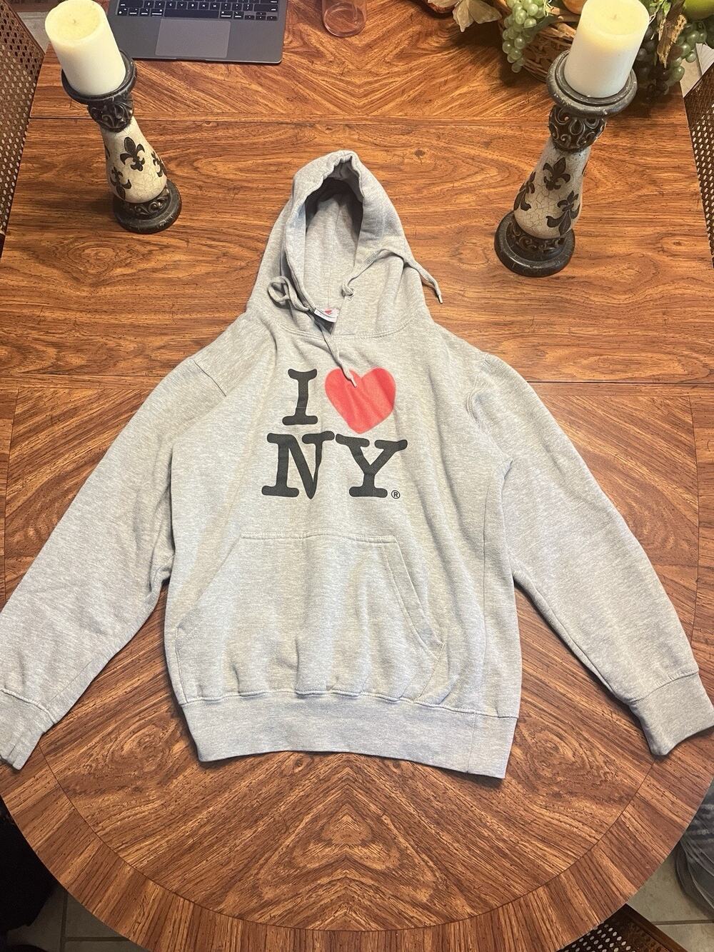 I Love New York NY Officially Licensed Pullover Hoodie Gray Red Heart Size S